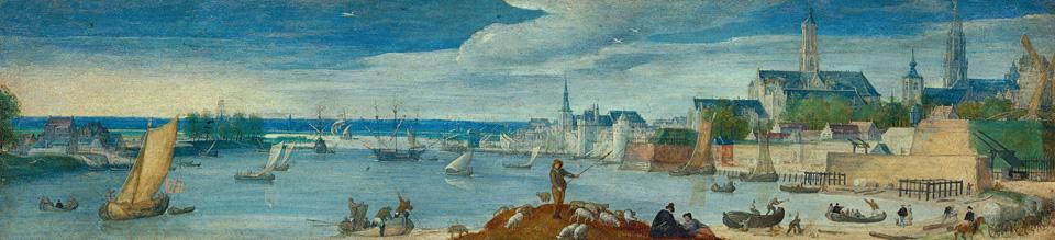 Panoramisch gezicht op Antwerpen en zijn haven, gesign. 1583