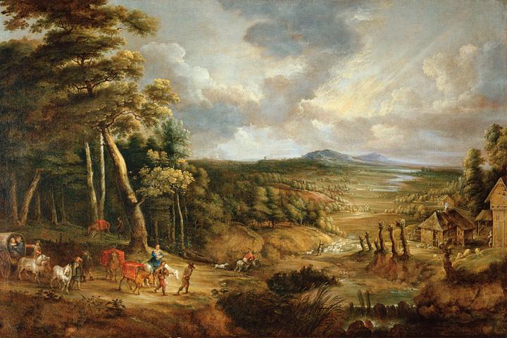 Landschap met de vlucht naar Egypte, gemonogrammeerd, 1654