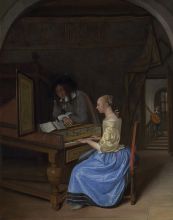 Een jonge vrouw bespeelt het klavecimbel voor een jonge man, Jan Steen
